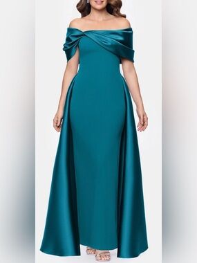 NEW BETSY & ADAM Off the Shoulder Cape Detail Teal Gown SZ 6